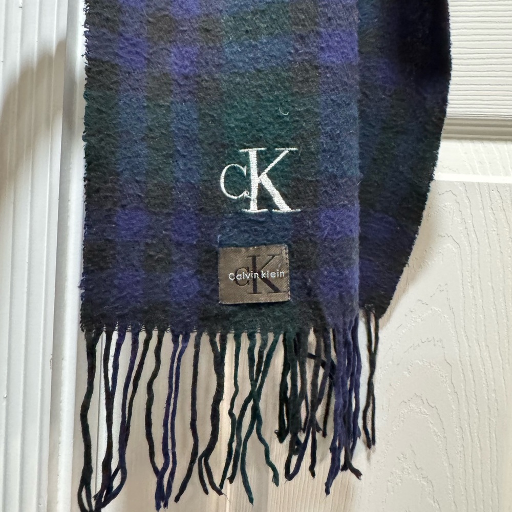 Calvin Klein Blue and Green Checkered Scarf